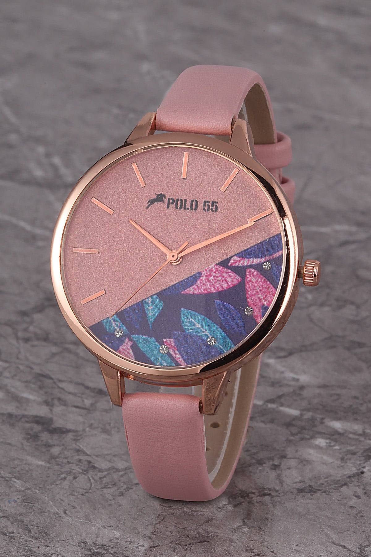 PLKK019R03 Kadın Saat Pembe Desenli Kadran Deri Kordon