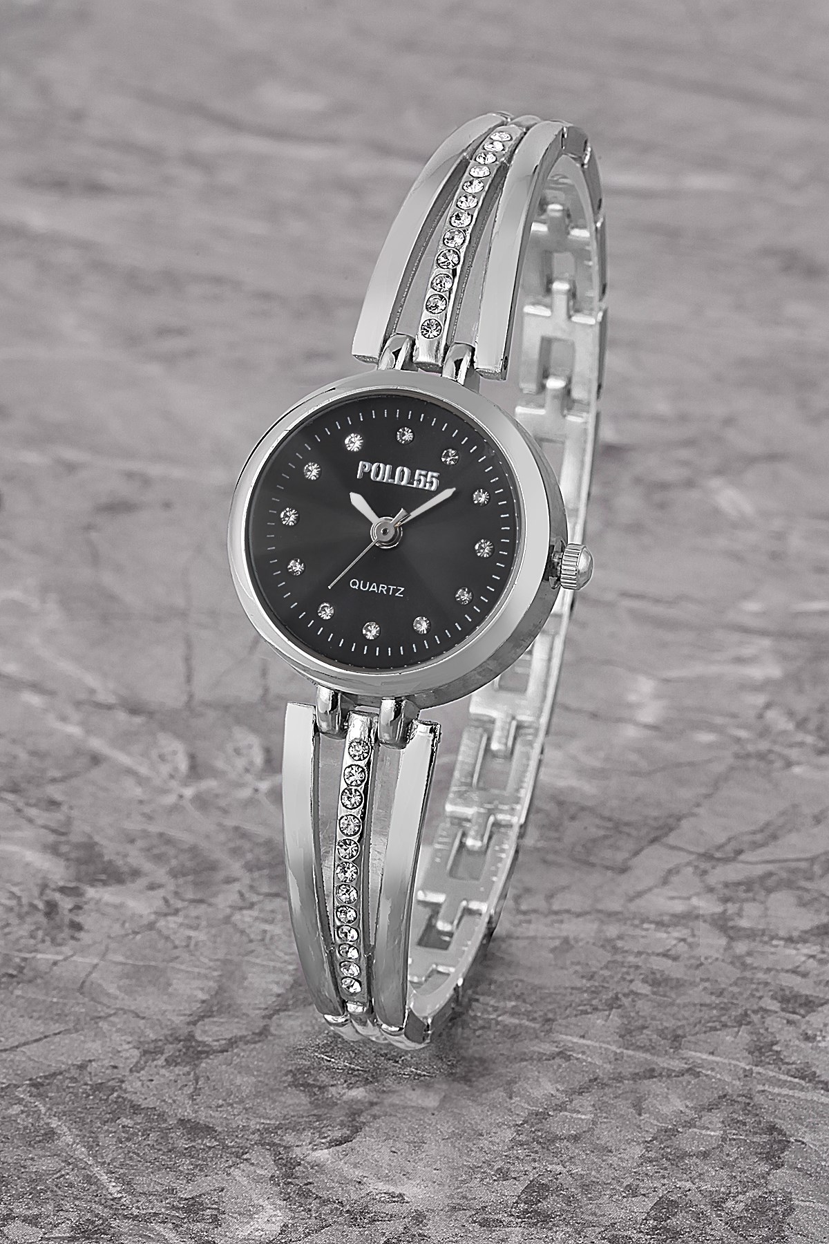 PLKM003R02 Taşlı Basit Kadran,Bilezik Modeli,Kadın SİYAH Kol Saati