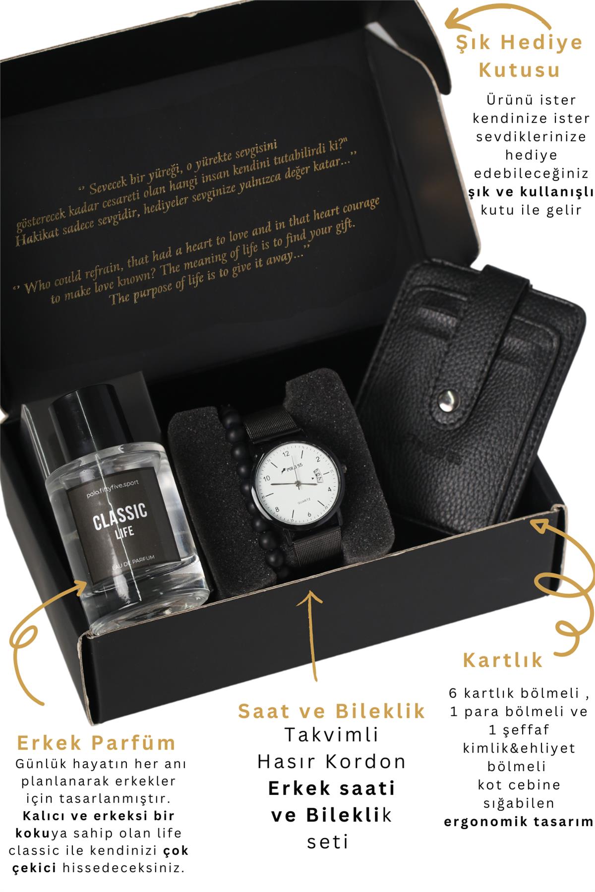 POLO55 Özel Kutulu Siyah Saat, Bileklik, Kartlık, Parfüm Hediye Seti