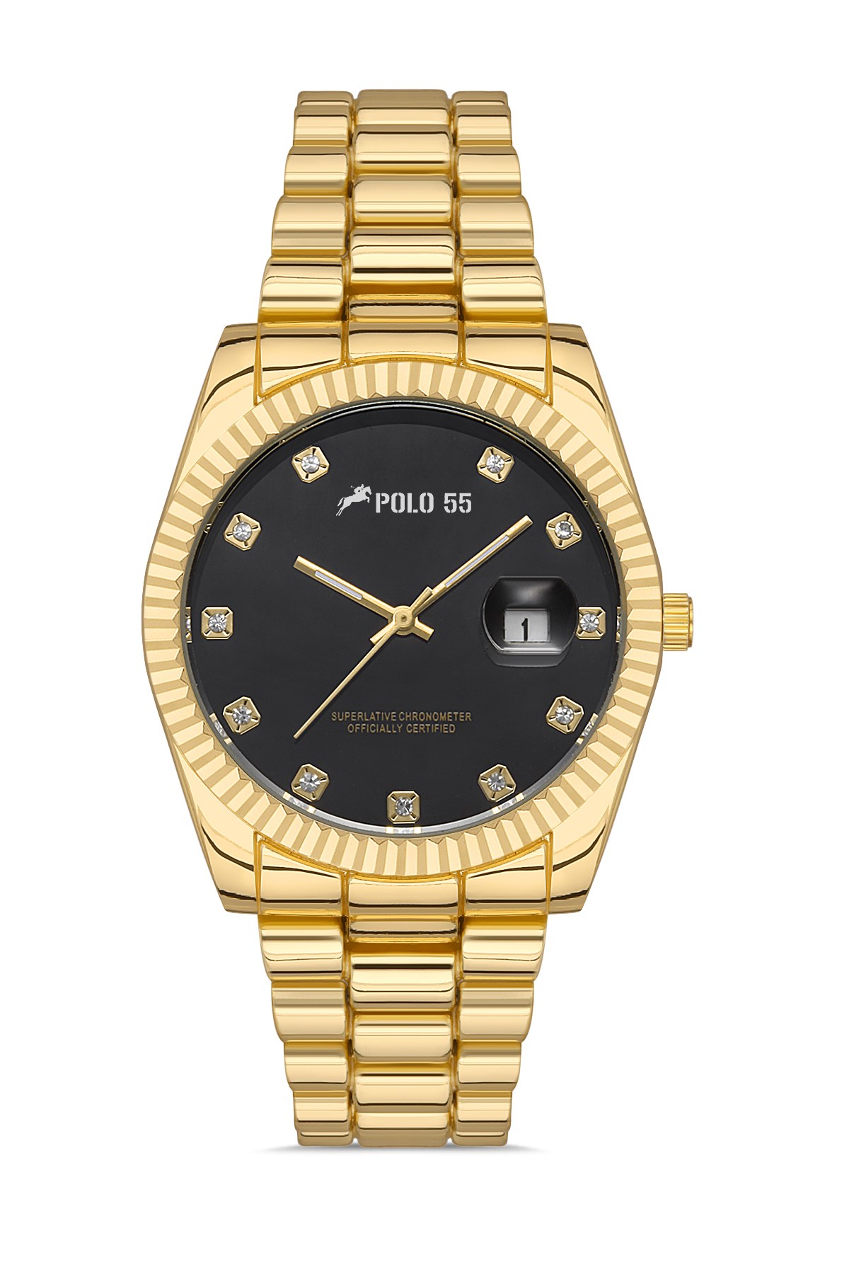 POLO55 Zirkon Taşlı Takvim Göstergeli Unisex Metal Kordon Kol Saati PLUM003R003