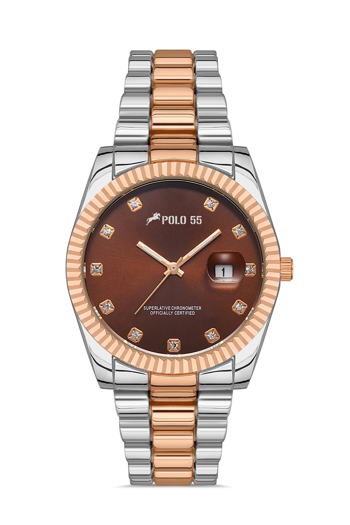 POLO55 Zirkon Taşlı Takvim Göstergeli Unisex Metal Kordon Kol Saati PLUM003R007