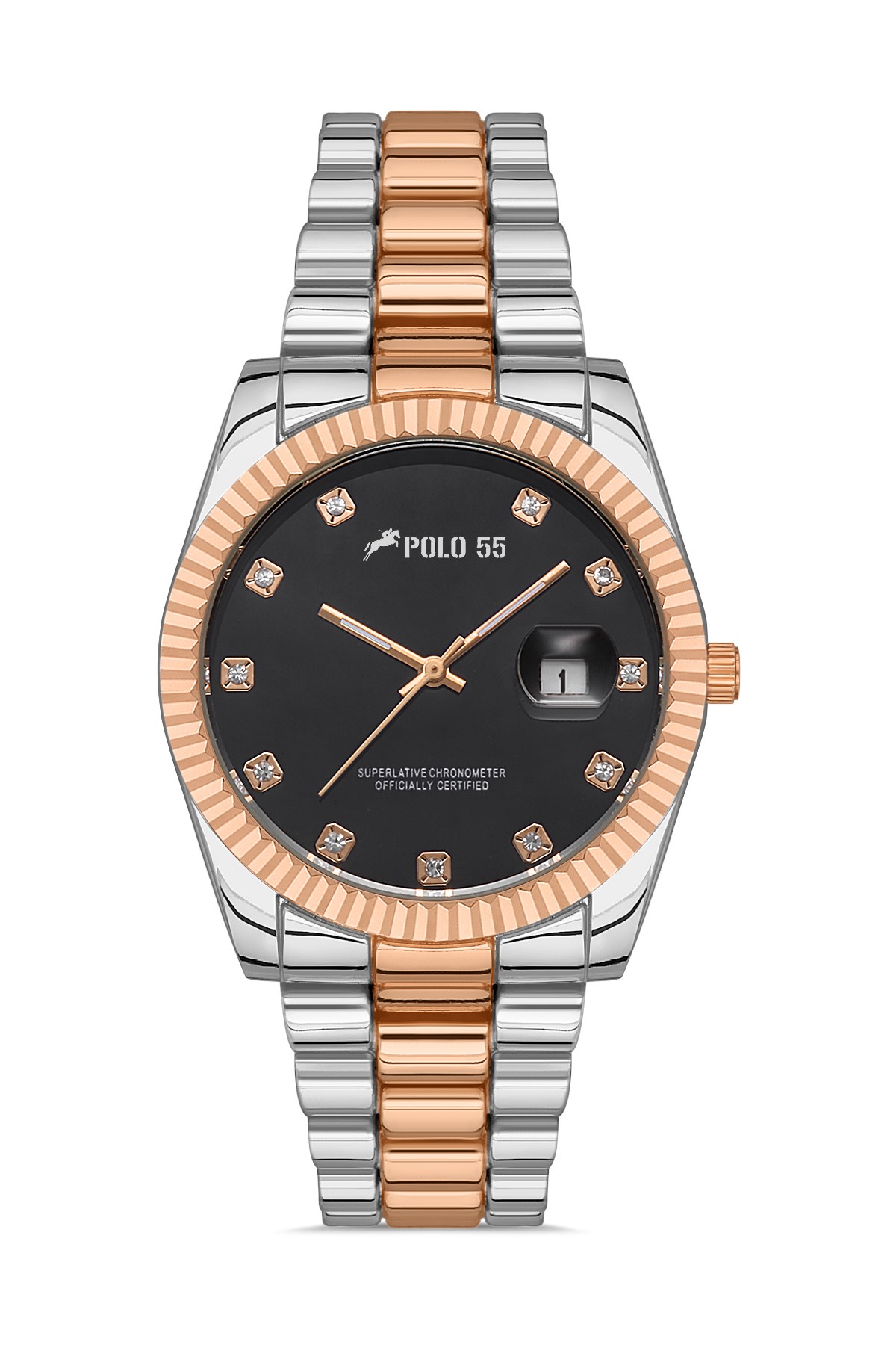 POLO55 Zirkon Taşlı Takvim Göstergeli Unisex Metal Kordon Kol Saati PLUM003R010