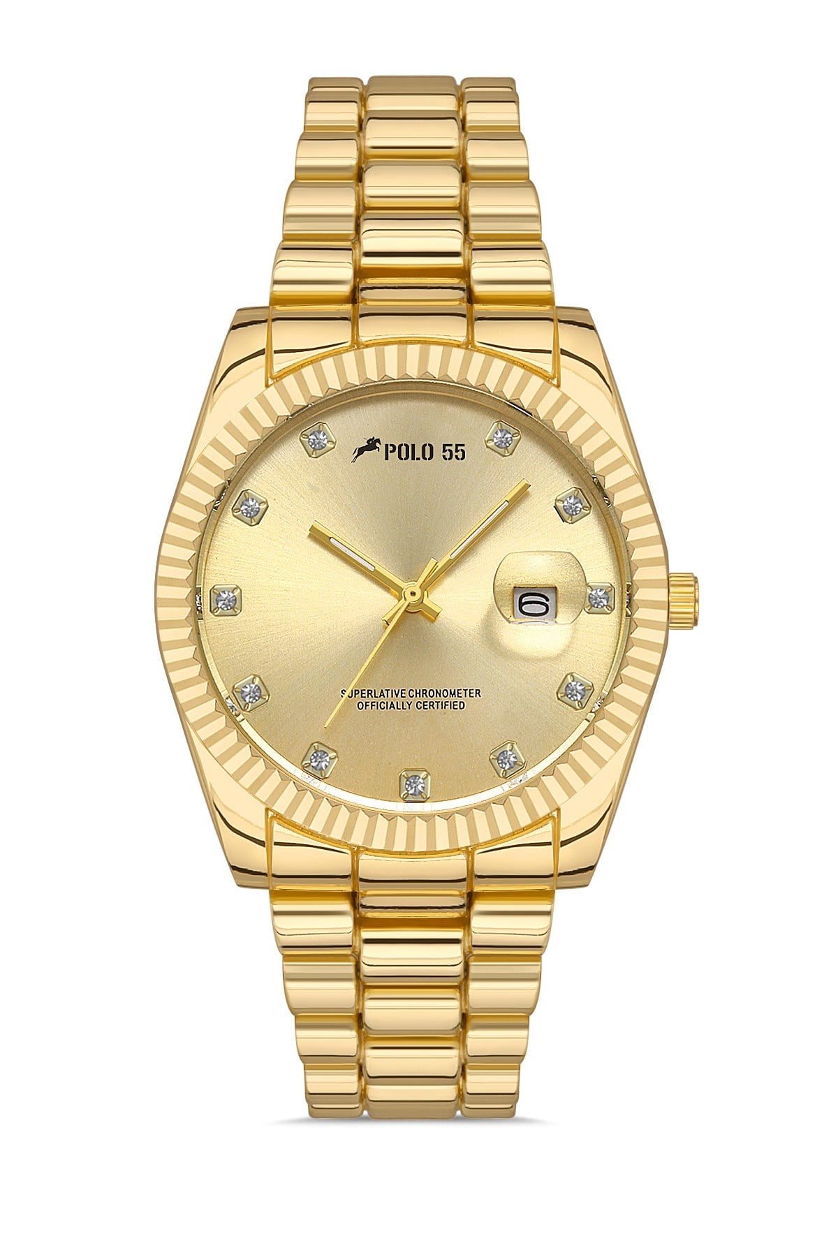 POLO55 Zirkon Taşlı Takvim Göstergeli Unisex Metal Kordon Kol Saati PLUM003R001
