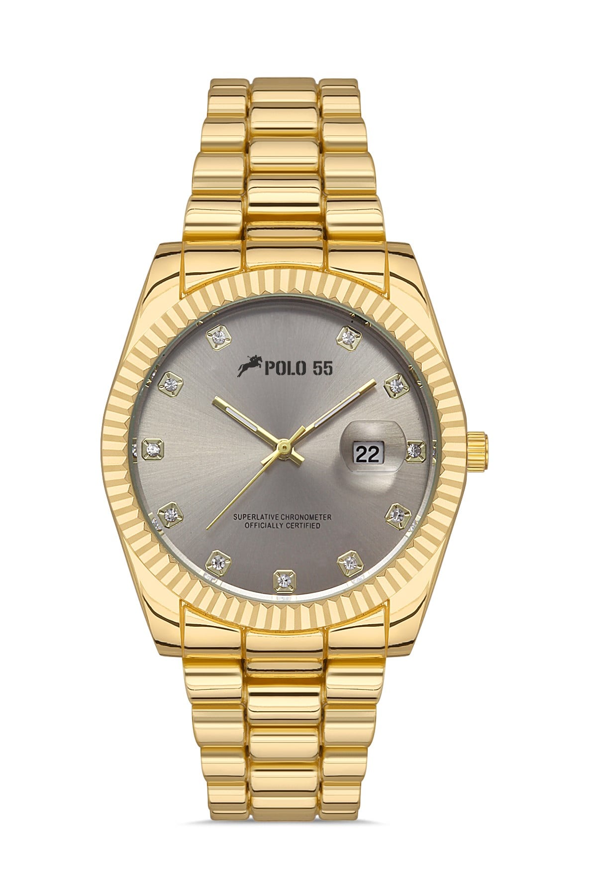 POLO55 Zirkon Taşlı Takvim Göstergeli Unisex Metal Kordon Kol Saati PLUM003R002