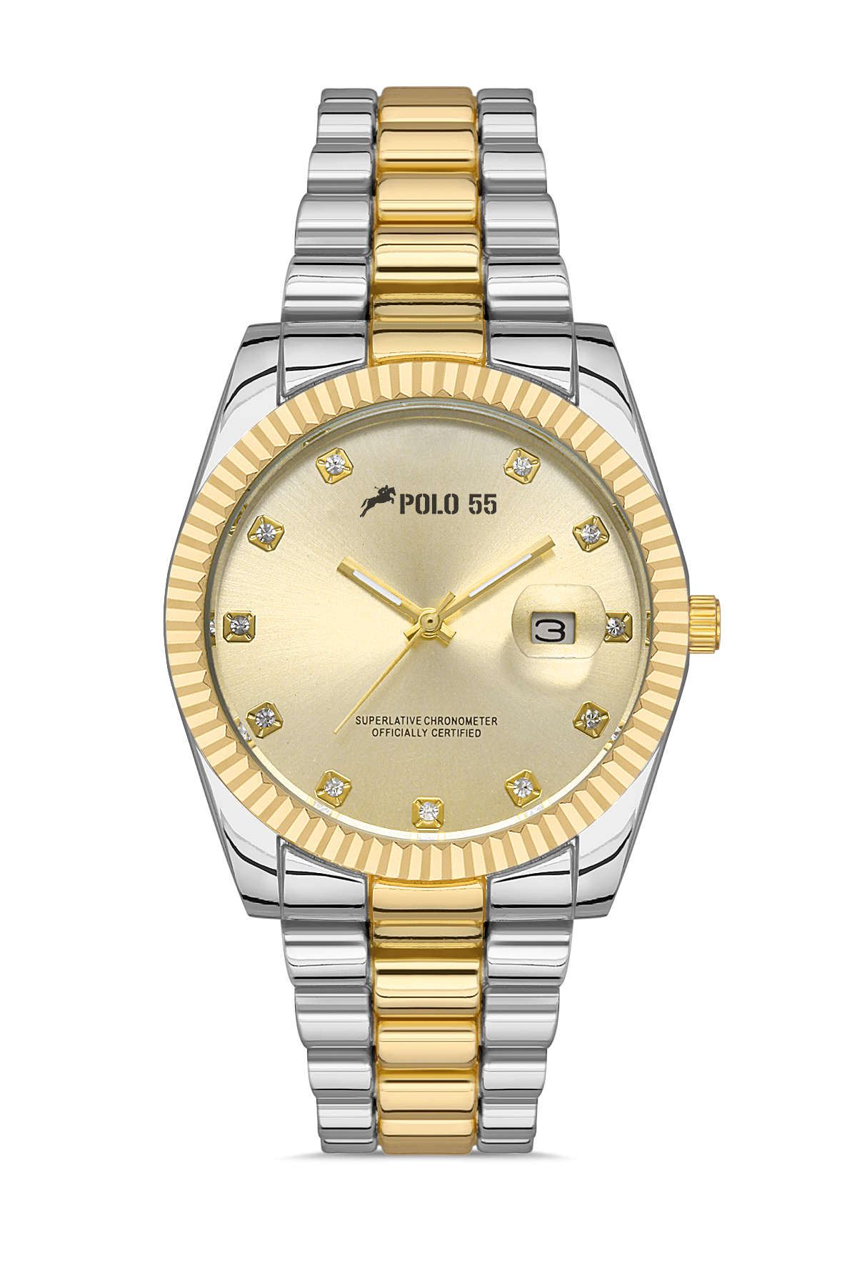 POLO55 Zirkon Taşlı Takvim Göstergeli Unisex Metal Kordon Kol Saati PLUM003R011