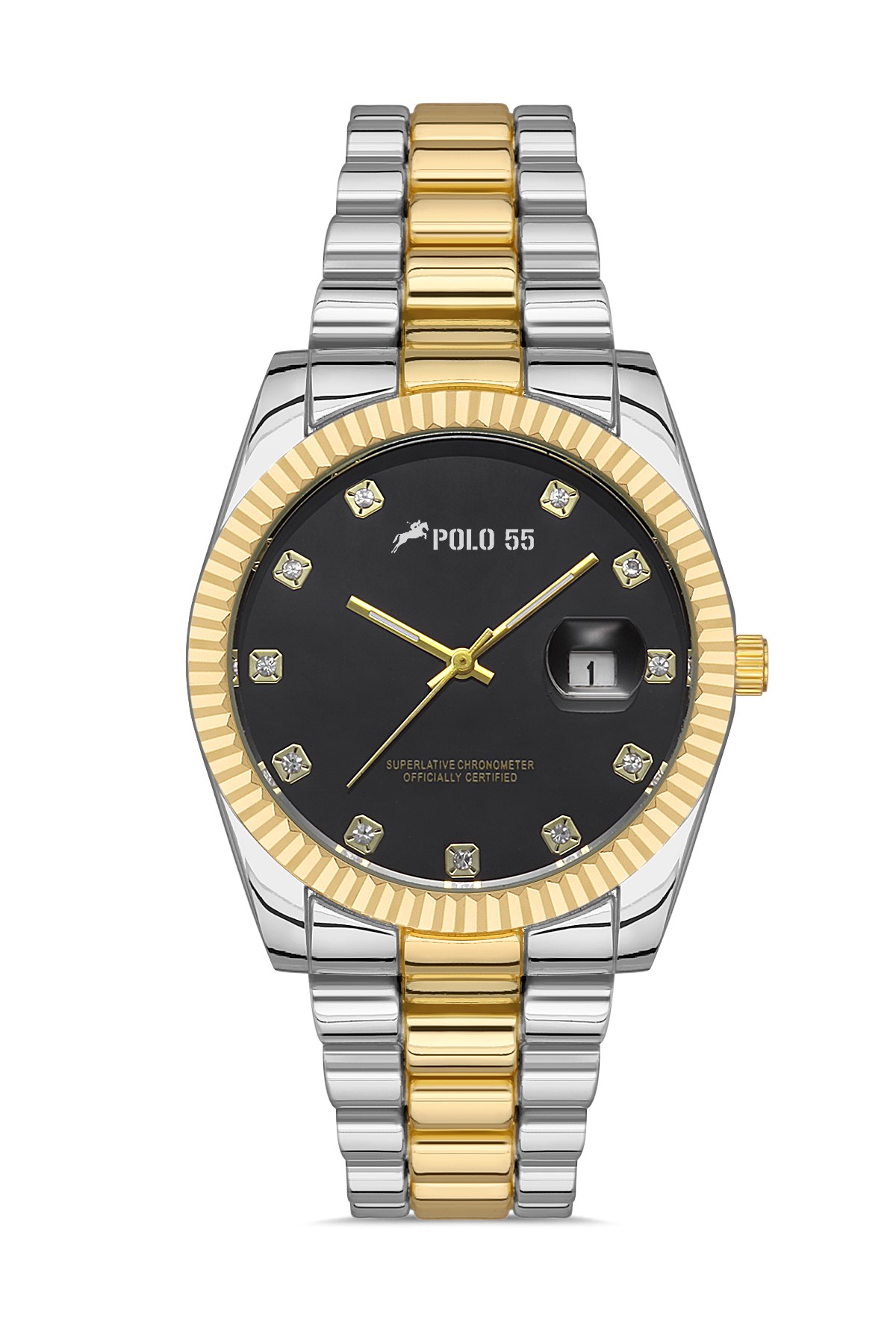 POLO55 Zirkon Taşlı Takvim Göstergeli Unisex Metal Kordon Kol Saati PLUM003R006