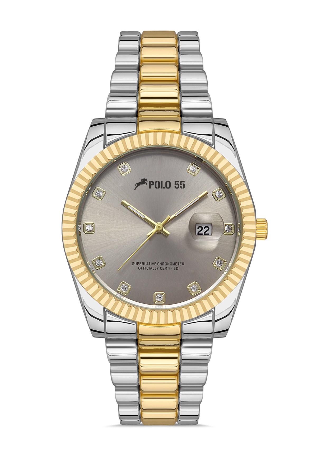 POLO55 Zirkon Taşlı Takvim Göstergeli Unisex Metal Kordon Kol Saati PLUM003R009