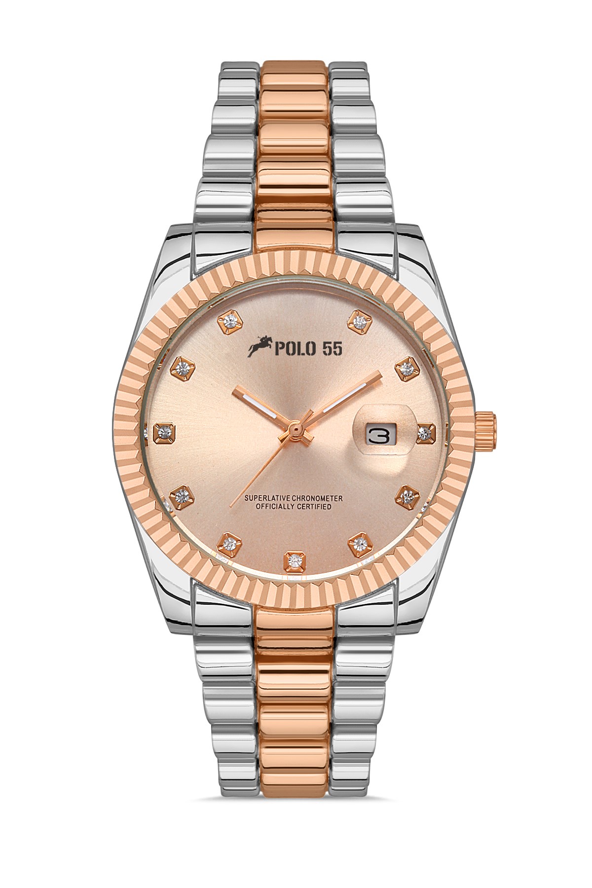 POLO55 Zirkon Taşlı Takvim Göstergeli Unisex Metal Kordon Kol Saati PLUM003R008
