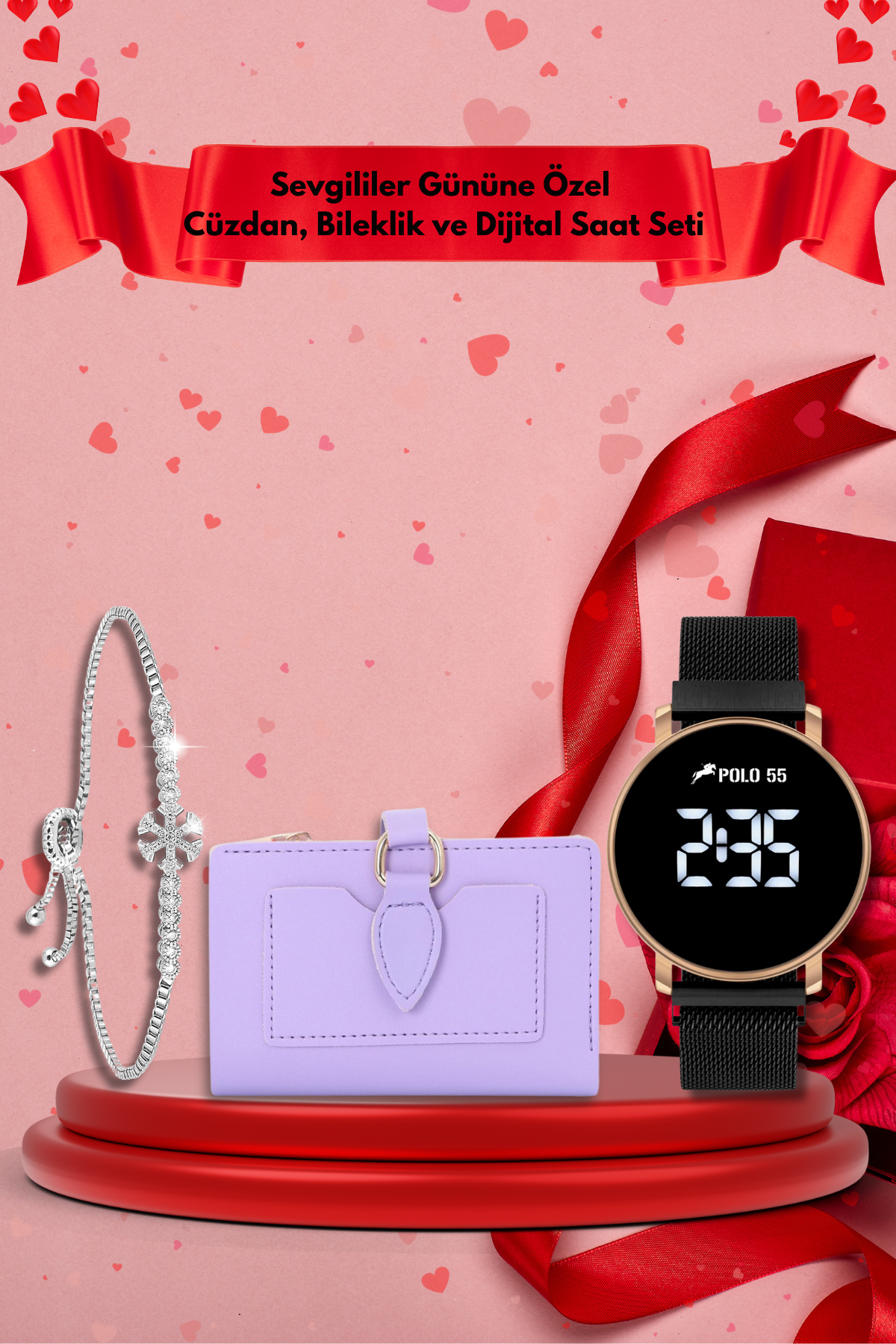 Sevgililer Gününe Özel Cüzdan, Bileklik ve Dijital Saat Seti