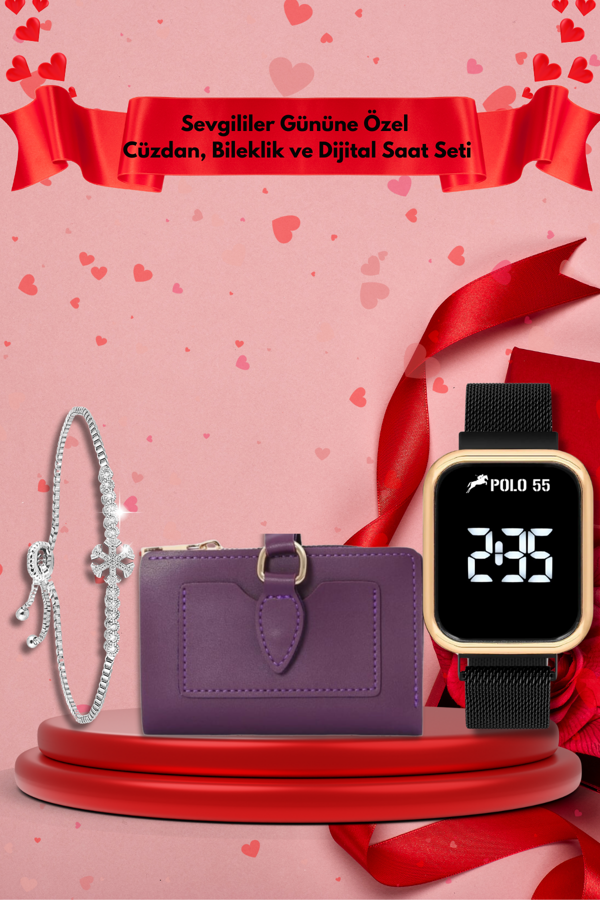 Sevgililer Gününe Özel Mor-Siyah Cüzdan, Bileklik ve Dijital Saat Seti