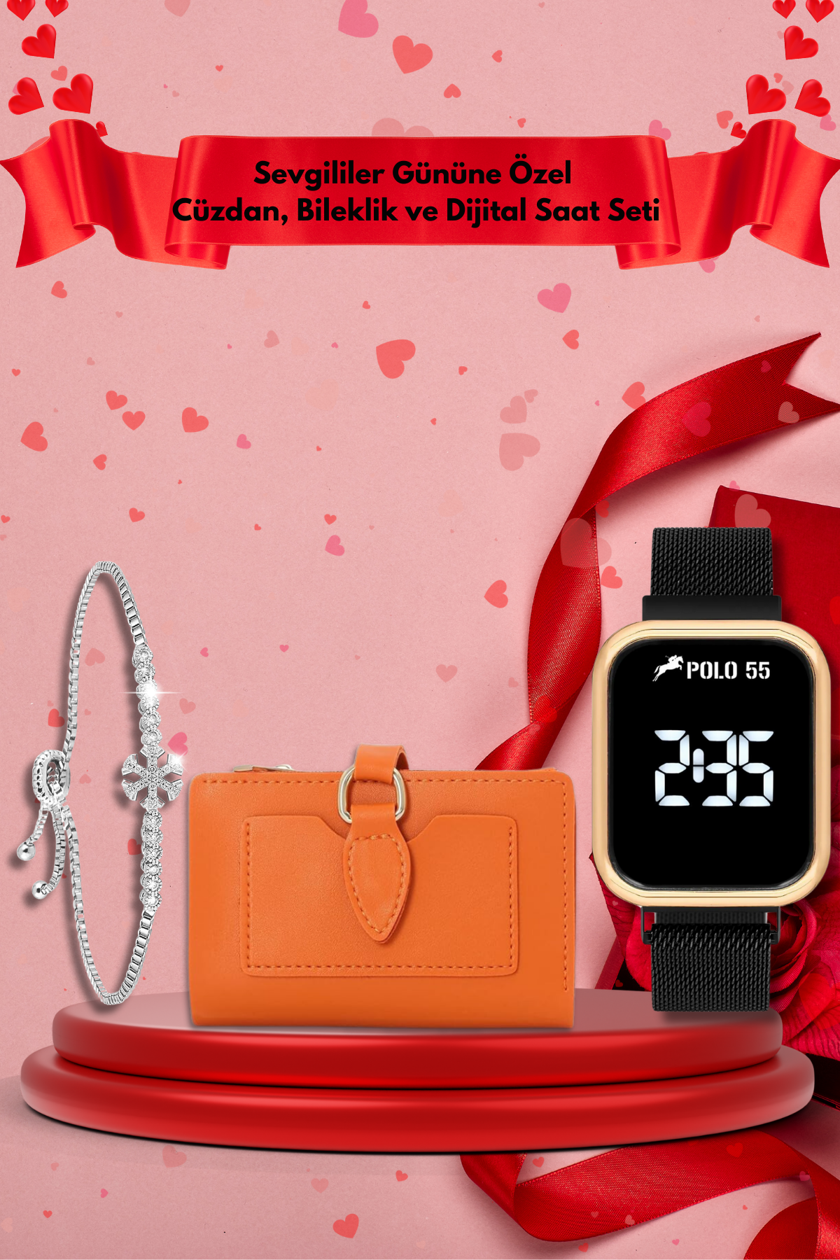 Sevgililer Gününe Özel Turuncu Cüzdan, Bileklik ve Dijital Saat Seti