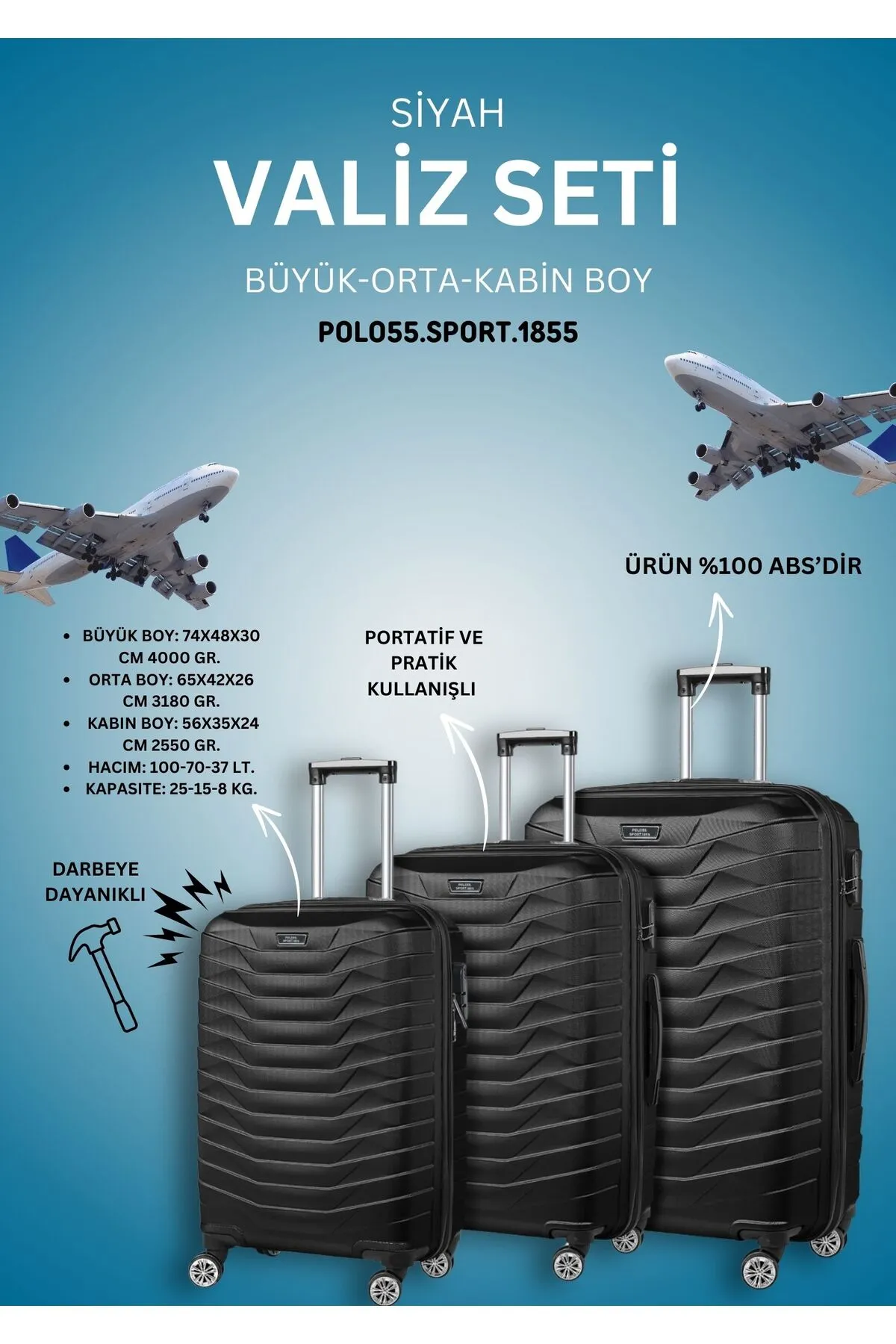 Siyah 3'lü Valiz Seti