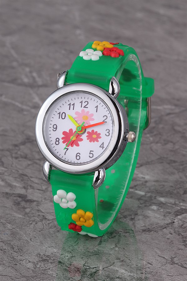 PLCS002R01 Çocuk Saat Yeşil Çiçek Karekterli Çocuk Saati