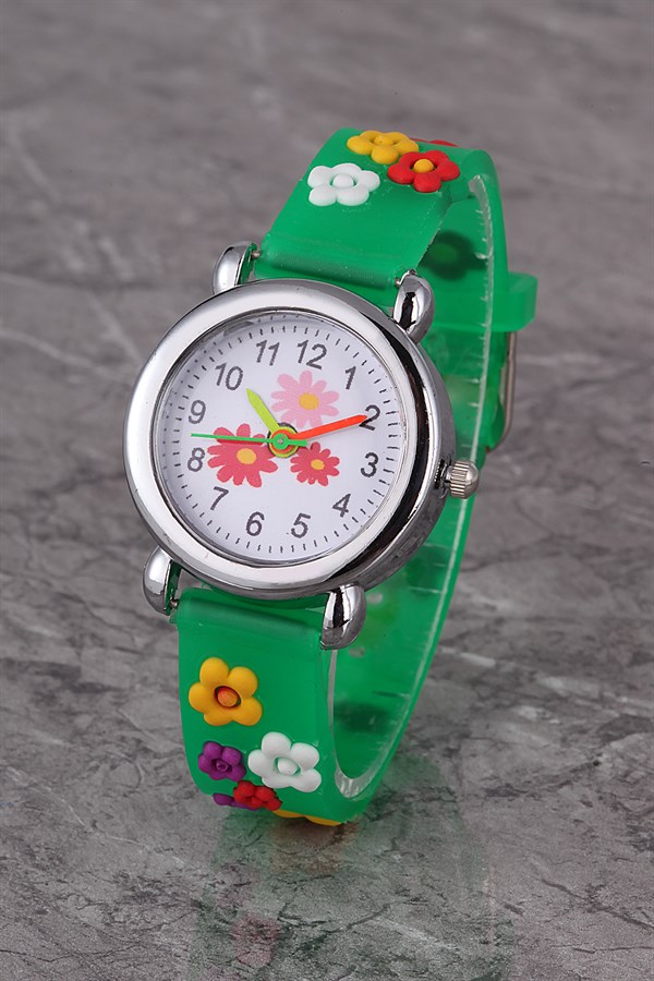 PLCS002R04 Çocuk Saat Yeşil Çiçek Karekterli Çocuk Saati