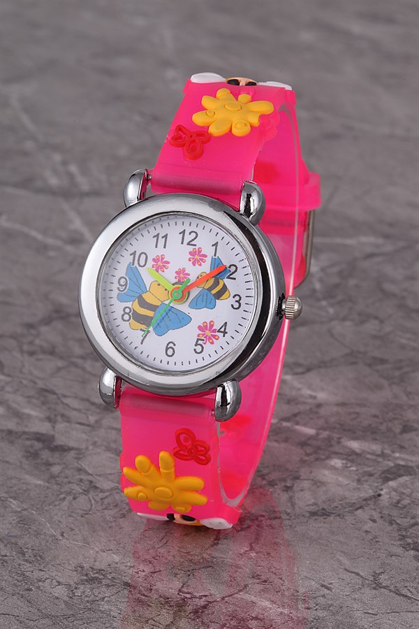 PLCS007R02 Çocuk Saat Fuşya Arılı Çiçekli Çocuk Saati