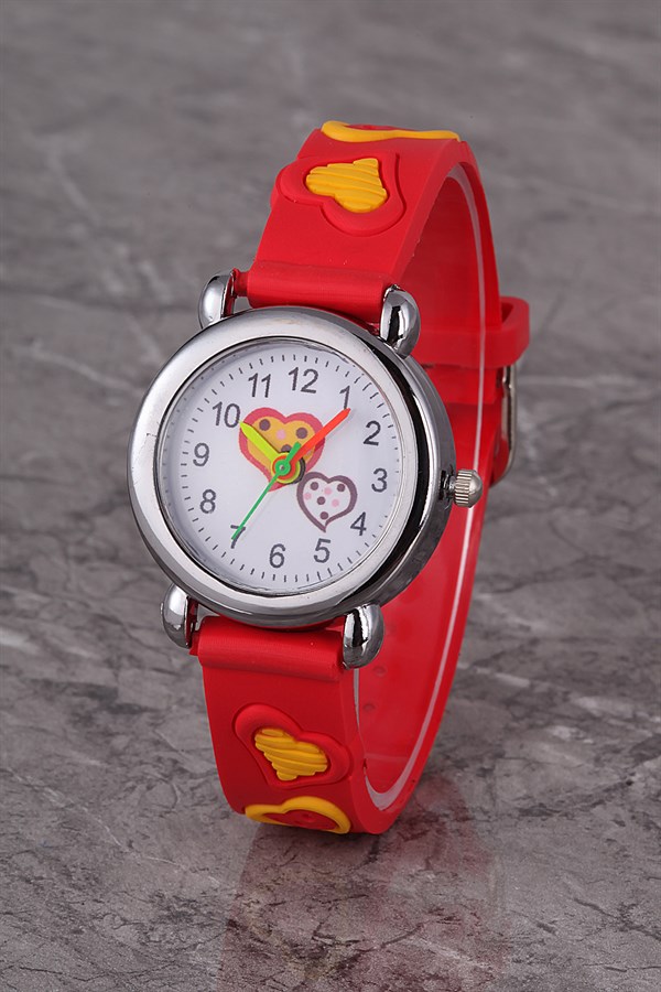 PLCS017R01 Çocuk Saat Kırmızı Kalpli Çocuk Saati