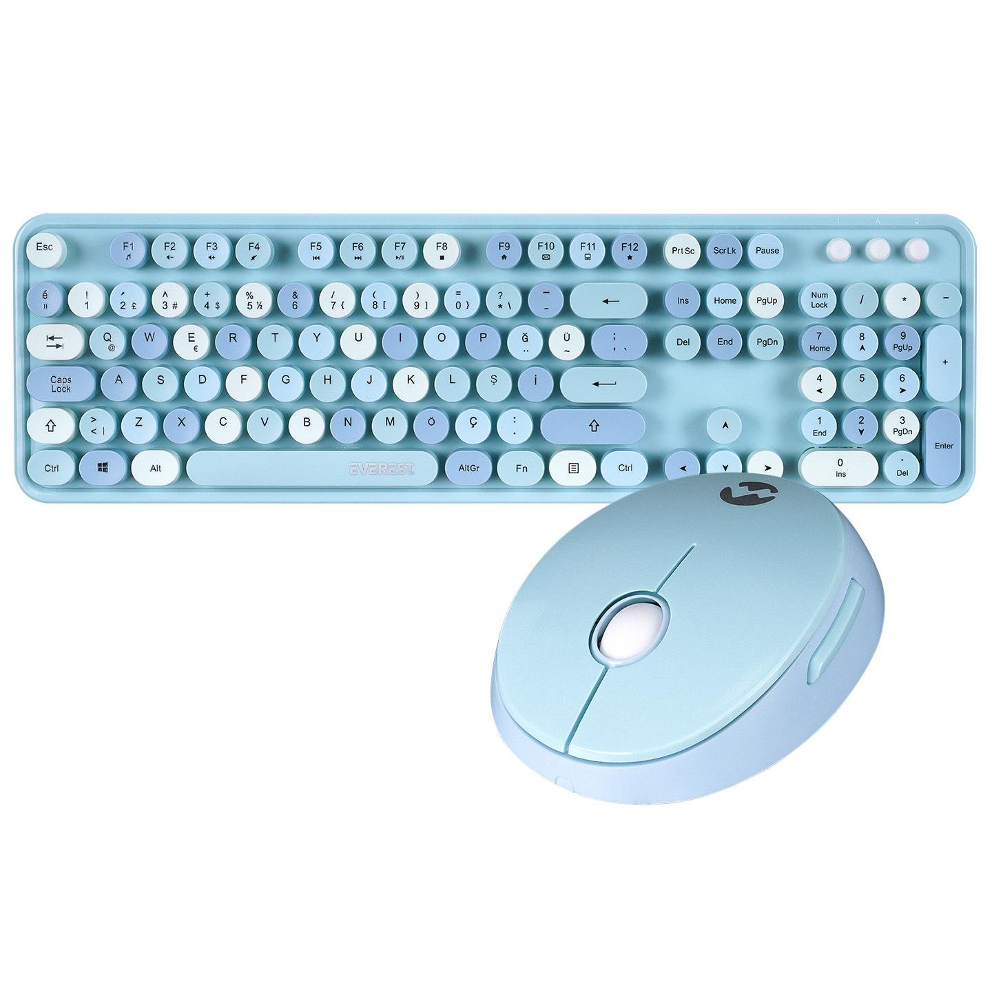 Everest ROUND KM-6282 Renkli Tuşlu Mavi Kablosuz Q Multimedia Klavye + Mouse Set
