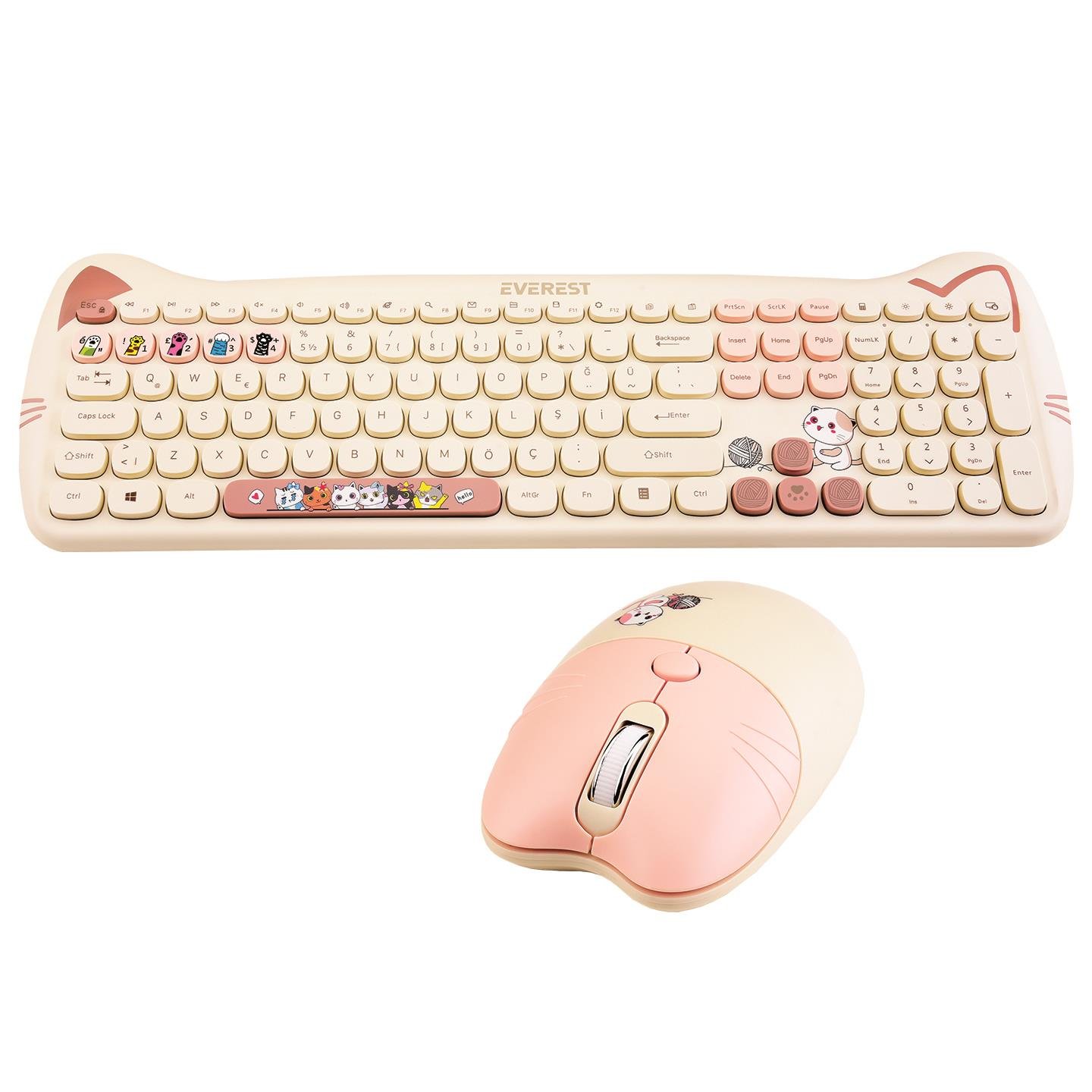 Everest KM-6283 CATTY Renkli Tuşlu Sarı Kablosuz Q Multimedia Klavye + Mouse + Pad Set