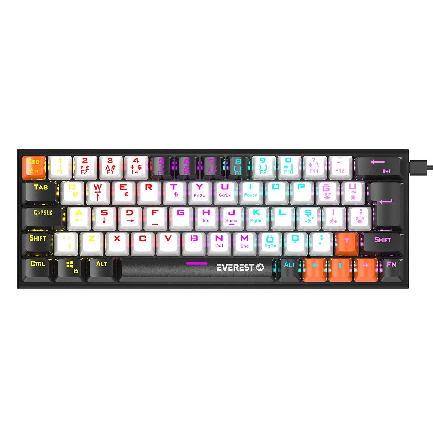 Everest PARLEY Siyah/Beyaz Rainbow Aydınlatmalı Türkçe Q Blue Switch Mekanik Gaming Oyuncu Klavyesi