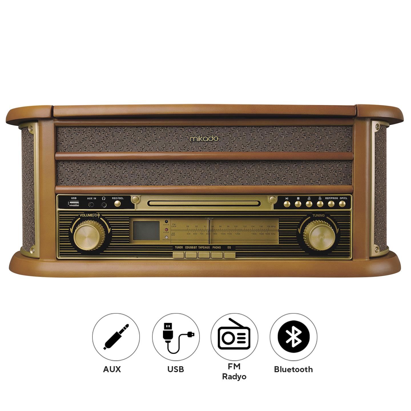 Mikado Nostalgia MN-P325 DÖNENCE Pikap Ahşap 2X5W Stereo Speaker MP3 Çalar USB-Radyo-CD-Kaset -BT Müzik Kutusu