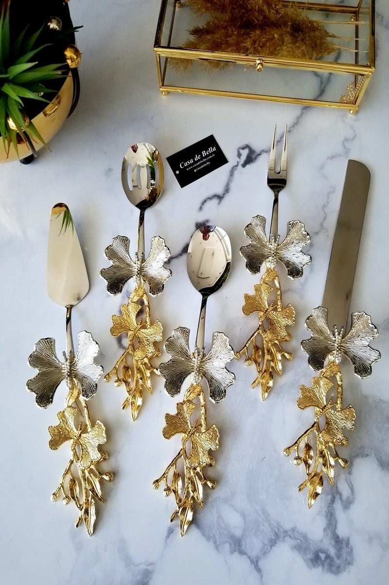 5 Parça Kelebek Desenli Gold Saplı Servis Seti