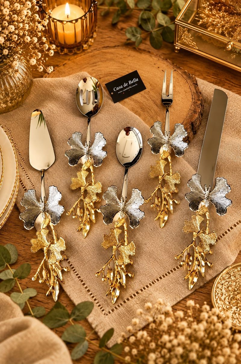 5 Parça Kelebek Desenli Gold Saplı Servis Seti