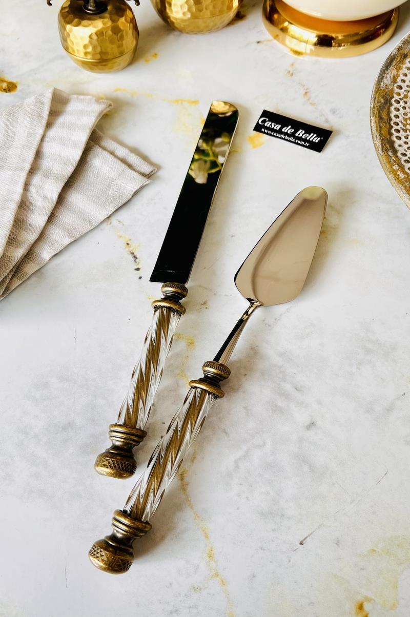 Gold Eskitme 2 Parça Kristal Spatula Bıçak Servis Seti