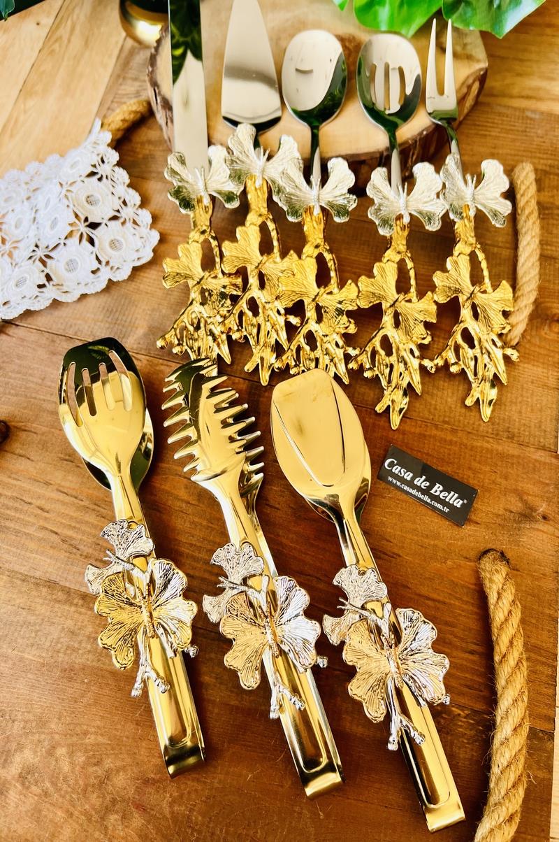 Gold Kelebek Desenli 8 Parça Servis Maşa Seti-GOLD MAŞA