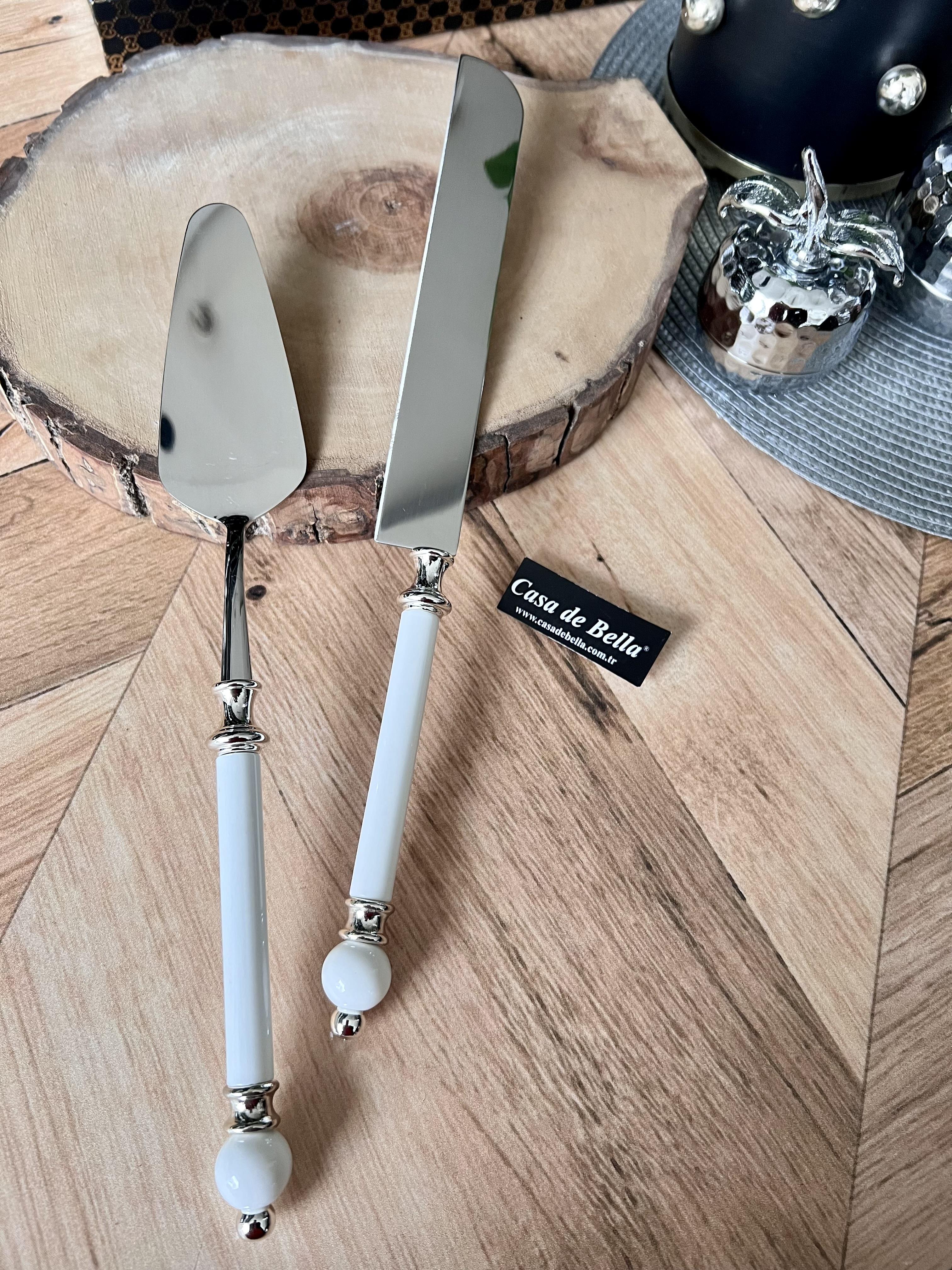 Gümüş Şeritli 2 Parça Boncuk Figürlü Spatula Bıçak Servis Seti