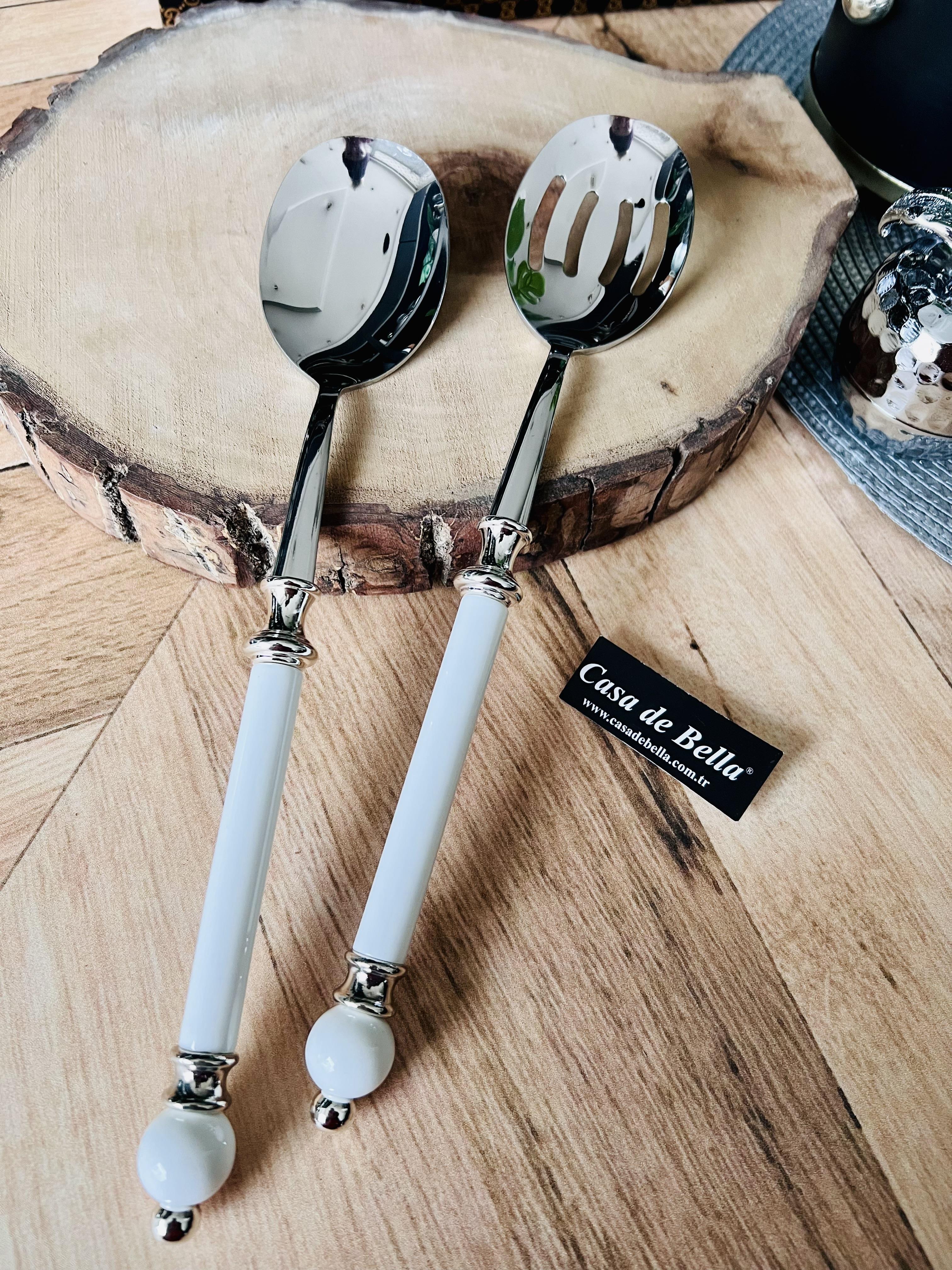 Gümüş Şeritli 2 Parça Boncuk Figürlü Salata Servis Seti