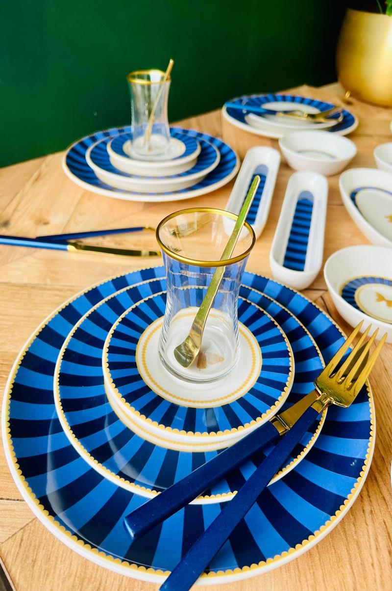 Lacivert Çizgili 38 Parça 6 Kişilik Lüks Kahvaltı Takımı