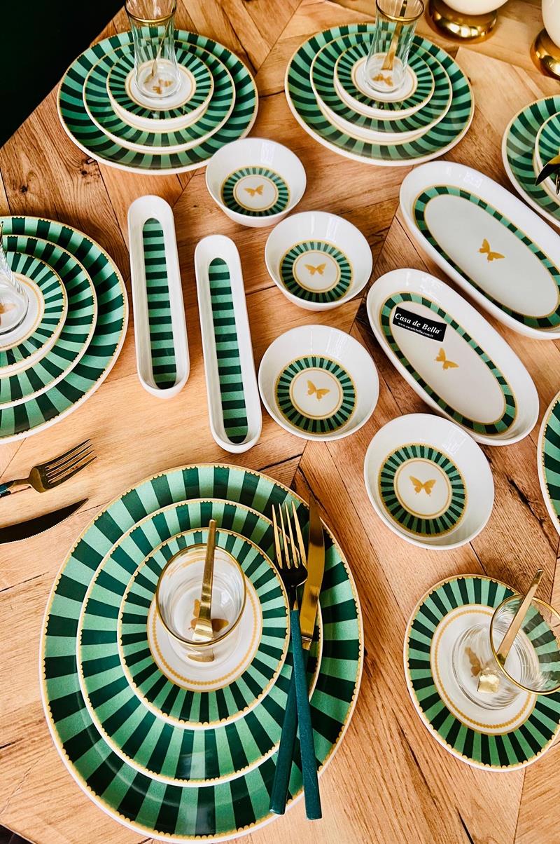 Yeşil Çizgili 38 Parça 6 Kişilik Lüks Kahvaltı Takımı