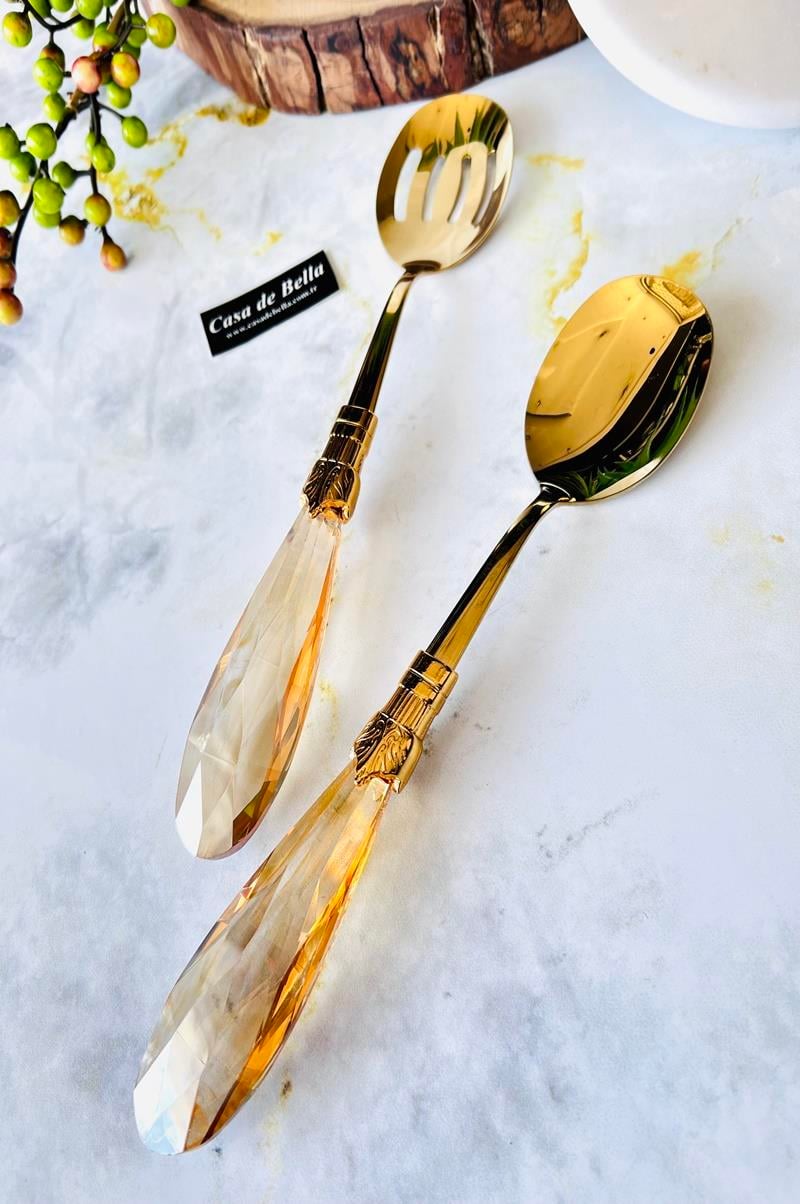 2 Parça Damla Kristal Salata Servis Seti gold amber