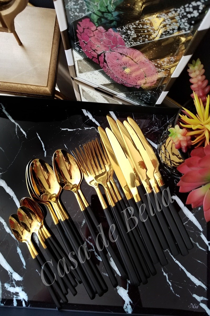 24 Parça Çatal Kaşık Bıçak Seti - Siyah Saplı Gold