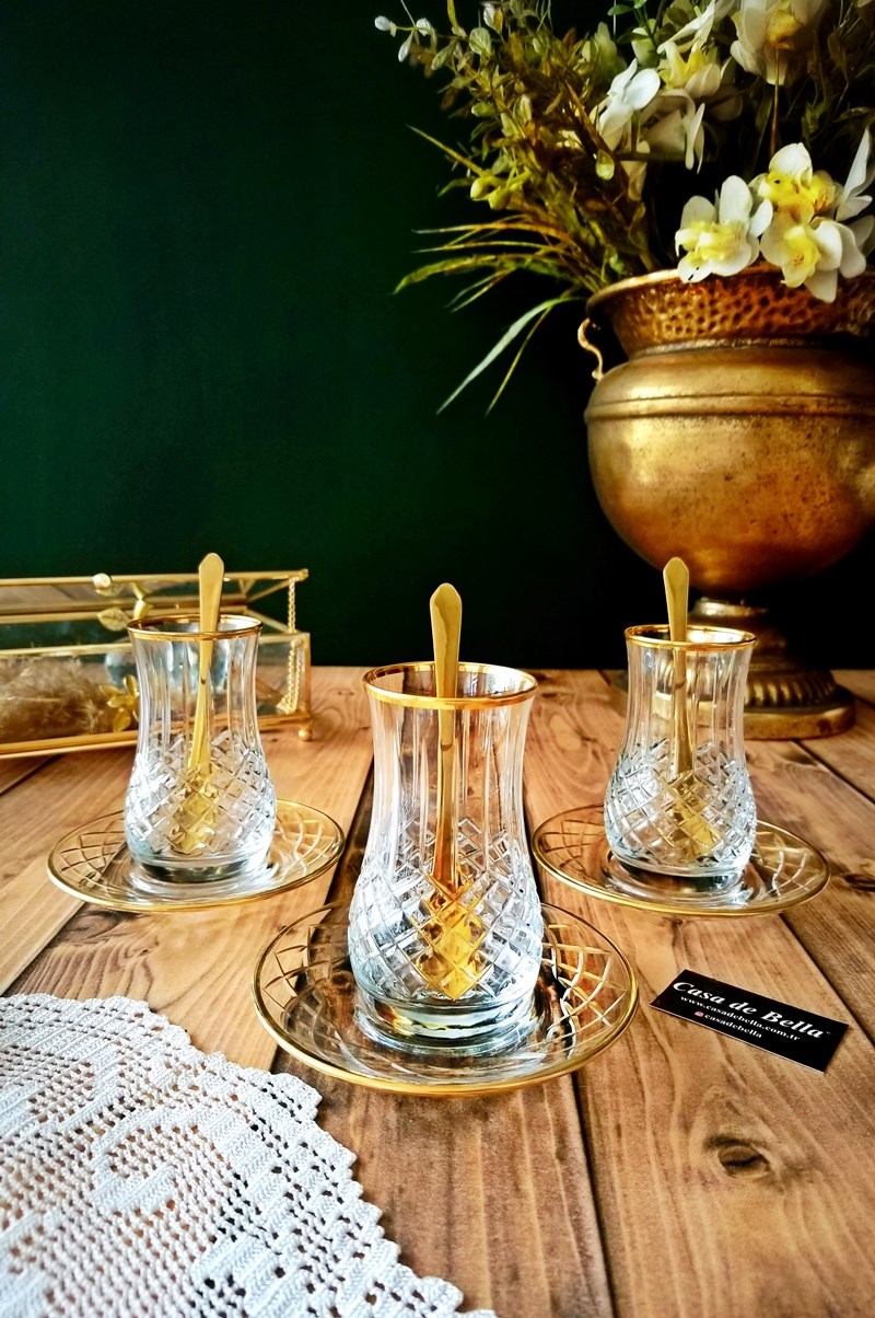 6 Kişilik Gold Yaldızlı Kesme Çay Seti
