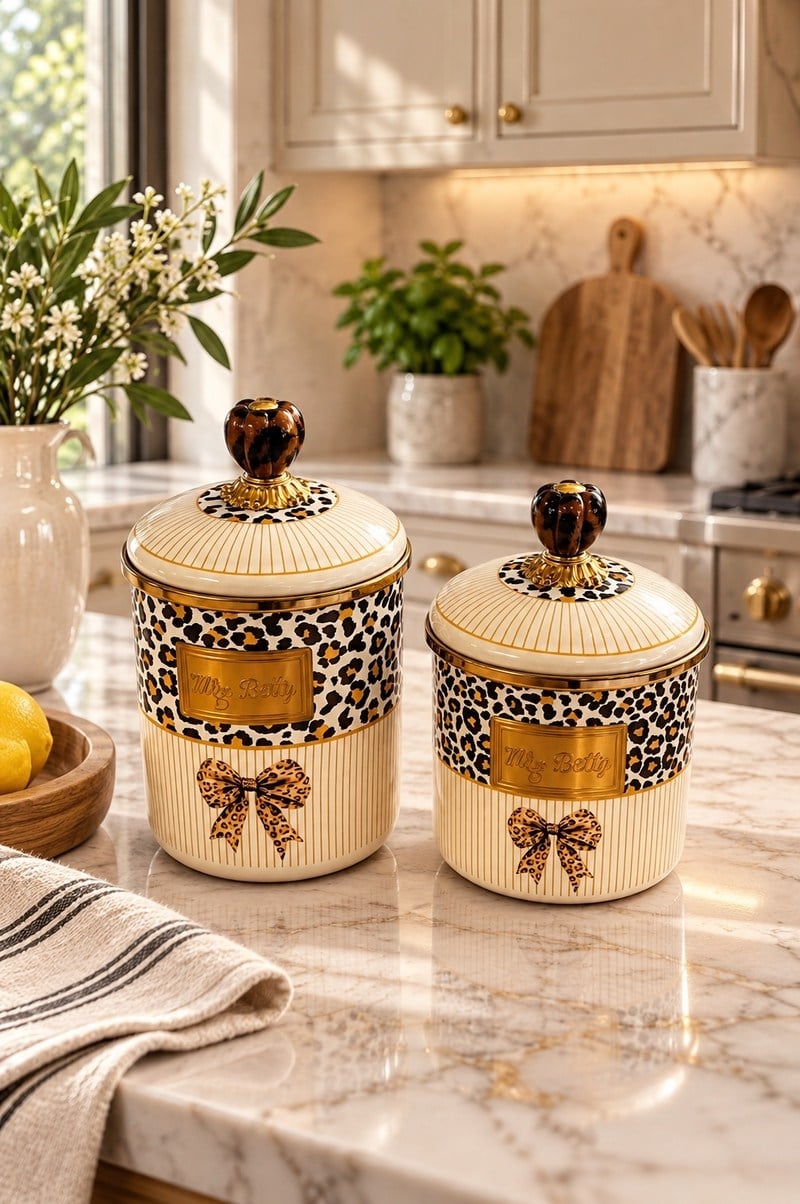 ELİTE LEOPAR DESENLİ EMAYE 12CM-15CM 2 Lİ BAHARATLIK KAVANOZ