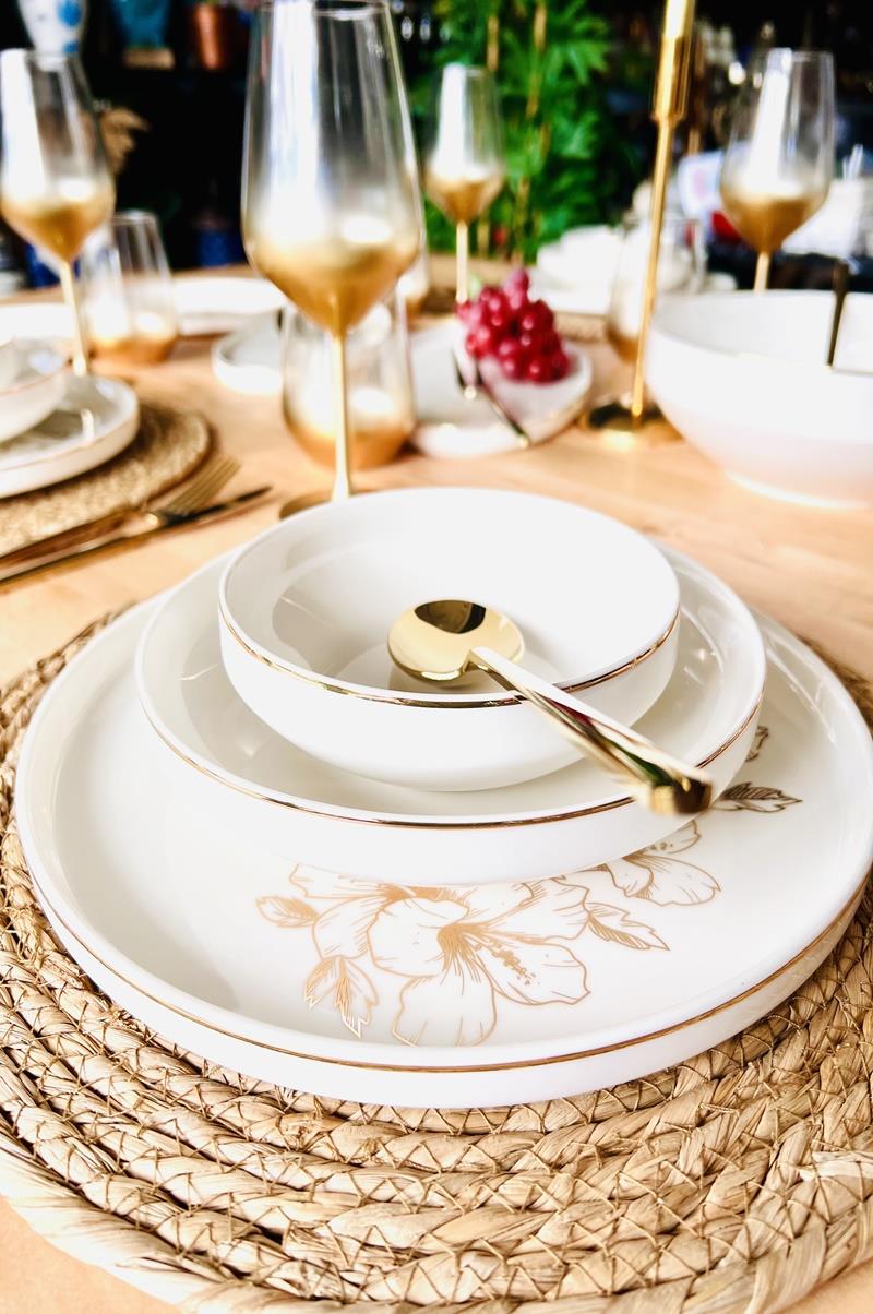 FLOWER 130 Parça 12 Kişilik Gold Çerçeveli Yemek Takımı Ve Çatal