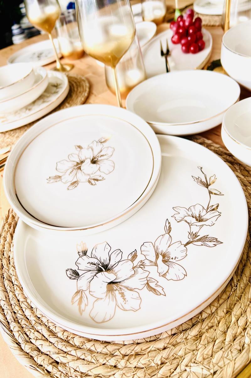 FLOWER 29 Parça 6 Kişilik Gold Çerçeveli Yemek Takımı ve Servis Seti