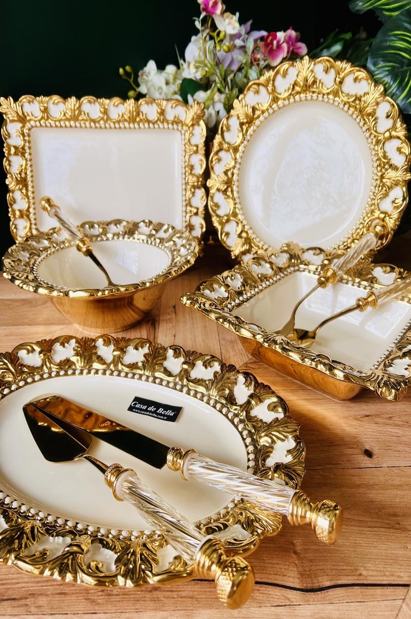 Gold Kenarlı 5 Parça Kabartmalı Sunum Servis Seti