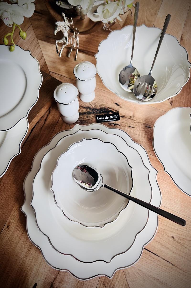 Gümüş Şeritli 12 Kişilik 145 Parça Bone China Yemek Takımı ve Çatal Kaşık Servis Seti