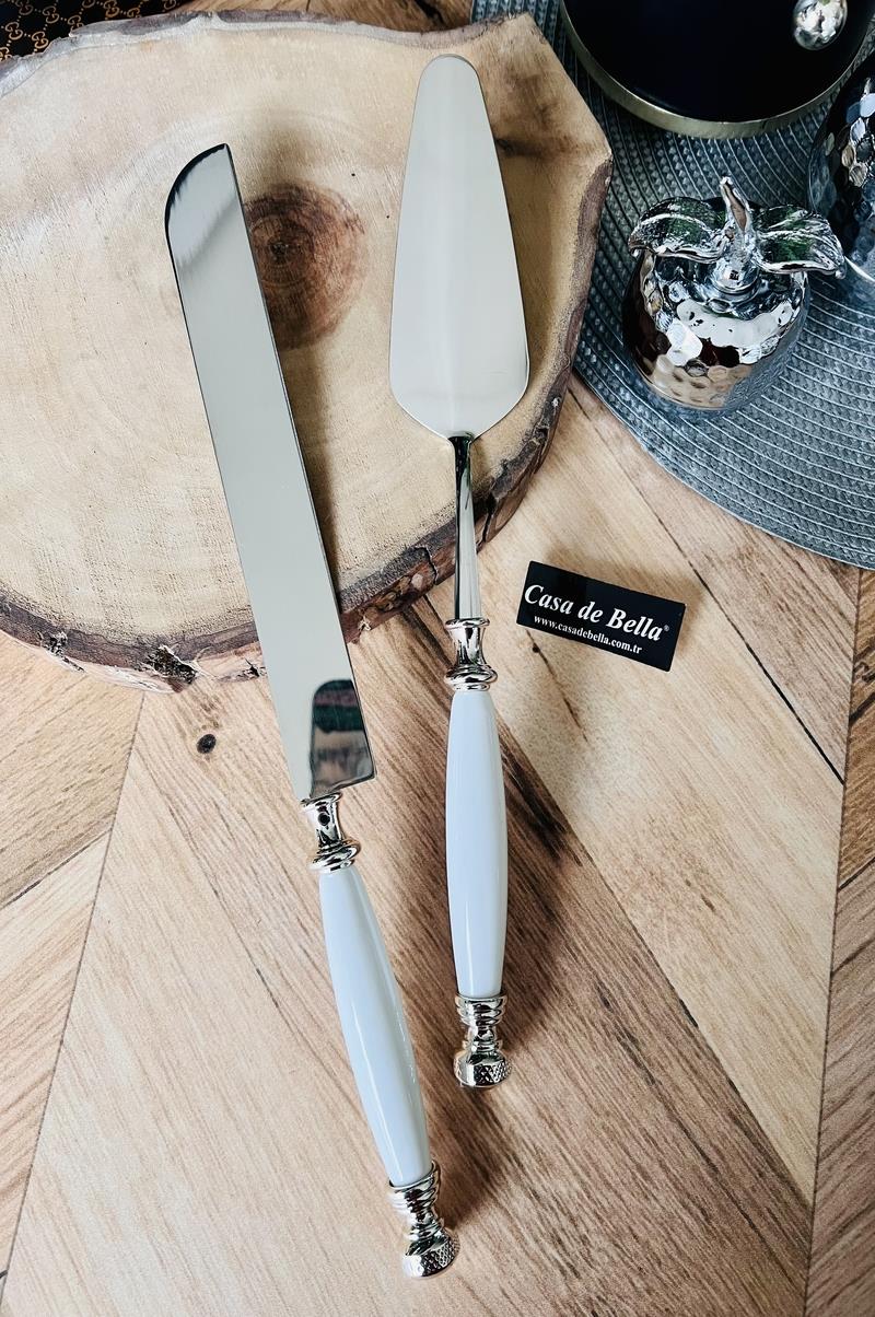 Gümüş Şeritli 2 Parça Avangard Spatula Bıçak Servis Seti