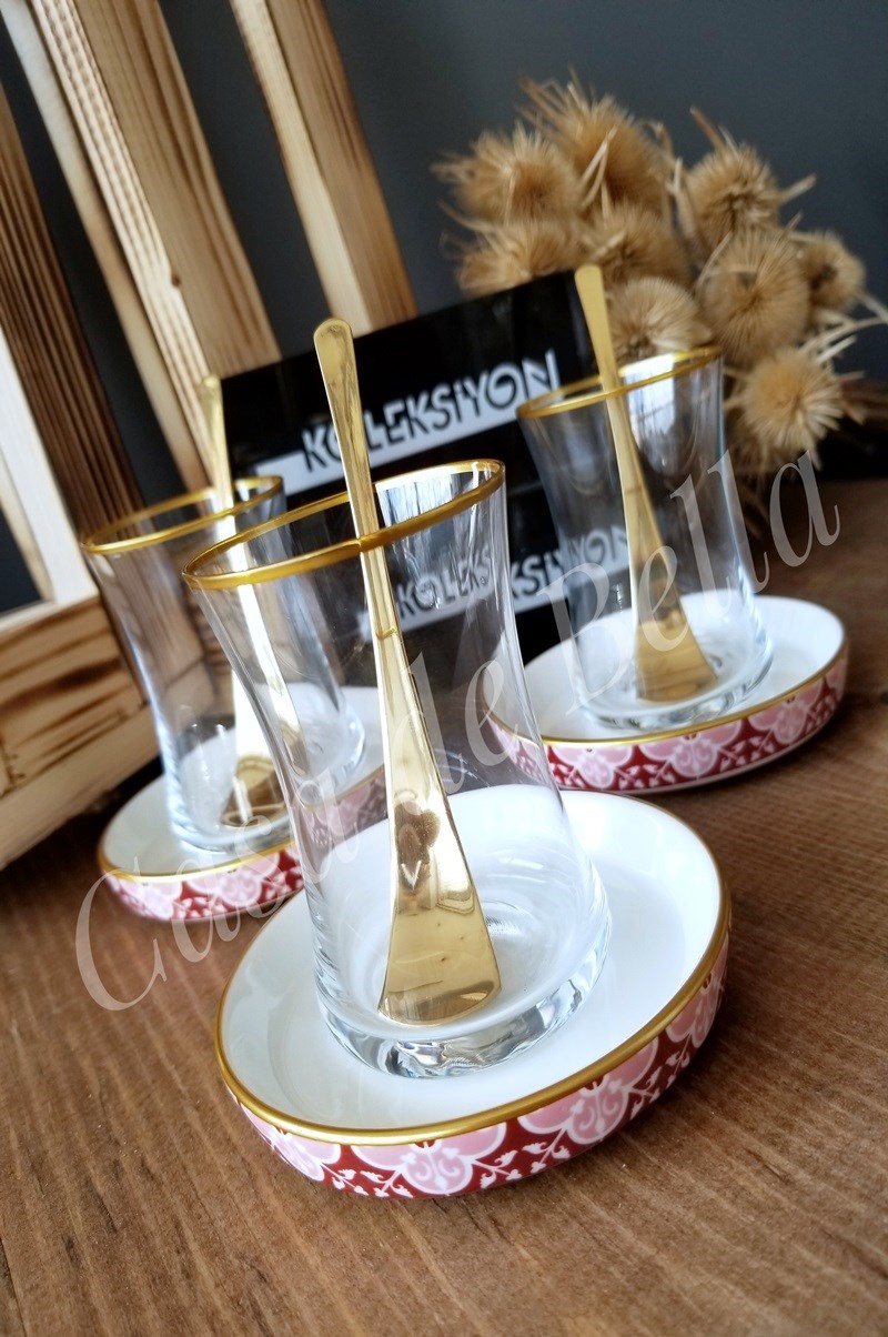Koleksiyon Tiryaki Çay Seti 6'lı Karo Bordo Altın