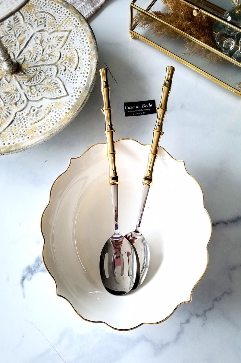 Metal Saplı 2 Parça Gold Bambu Servis Seti