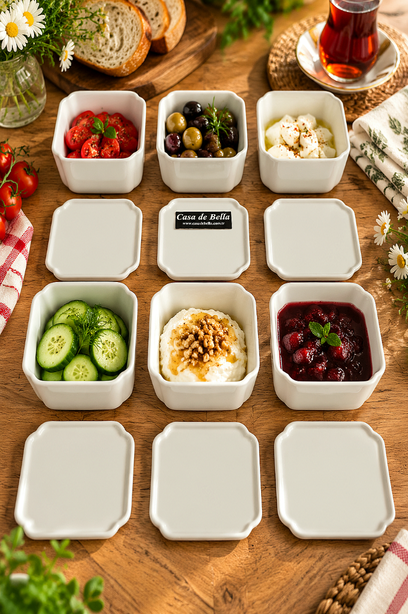 Pure White 6 Lı Kare Kapaklı 9 cm X 9 cm Porselen Kase Kahvaltılık 4 cm derinlik