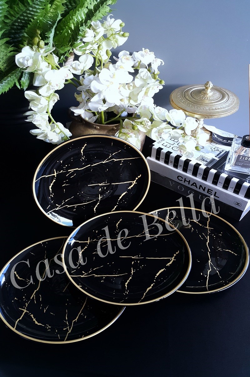 Siyah Mermer Desenli 6 Kişilik Servis Tabağı