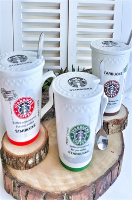 Starbucks Porselen Kapaklı Kaşıklı Kupa