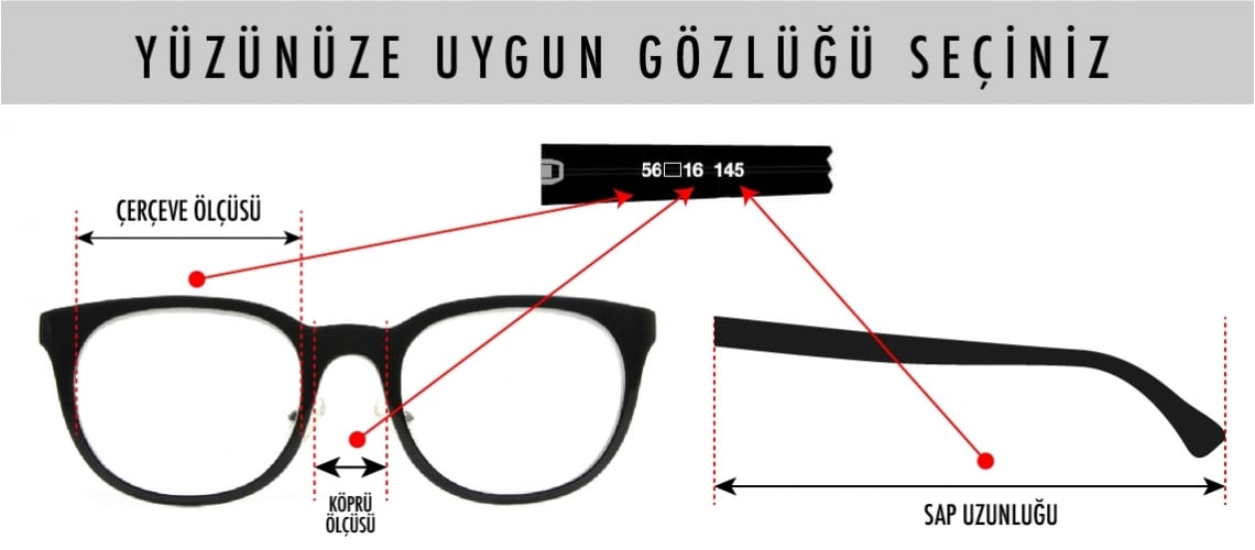 Lens genişliği, köprü genişliği, lens yüksekliği ve sap uzunluğu ölçü şeması