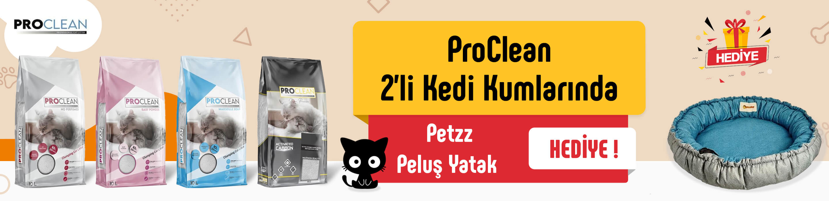 ProClean 2'li Kedi Kumlarında Petzz Peluş Yatak Hediye