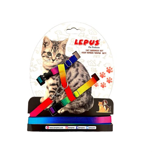 Lepus Renkli Kedi Göğüs ve Gezdirme Tasma Takımı