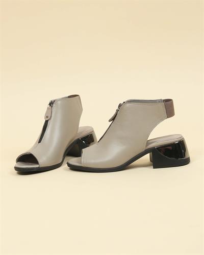 %100 Hakiki Deri Fermuar Detaylı Topuklu Sandalet VİZON